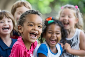 Obraz premium Group of diverse children laughing and smiling outdoors.