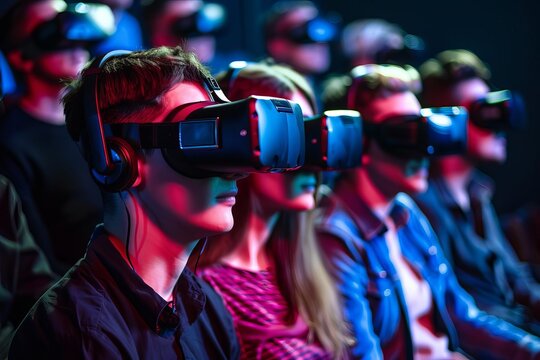 Group of people wearing VR virtual reality headset in Entertainment theater night club background