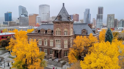 Naklejka premium Historic building amidst vibrant autumn foliage in a modern urban landscape.