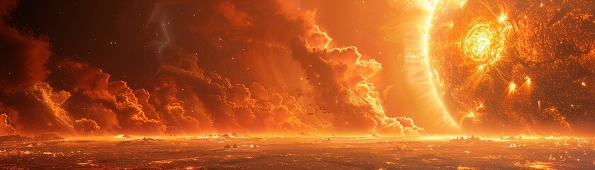 Helios, the sun god, as a nuclear fusion core, illuminating a network of solar powered cities