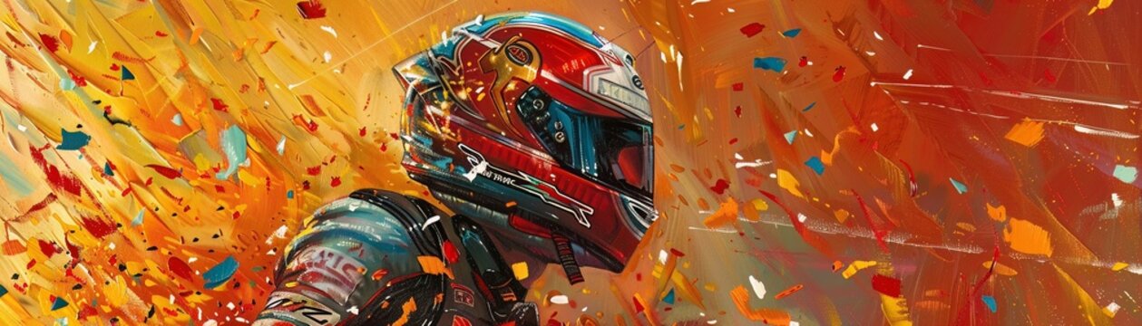 Helmeted champion exults, confetti cascade, golden hour a   success story   916