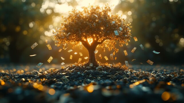 Concept of falling interest rates with a wilting money tree and descending dollar signs, Medium shot, eye-level composition, focusing on the person's engagement with the educational material.