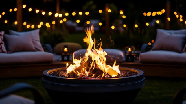 Cozy fire pit with glowing flames and string lights in the background