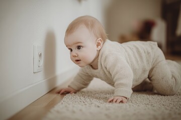Fototapeta premium Dangerous situation at home. Curious baby crawling to electrical socket outlet.