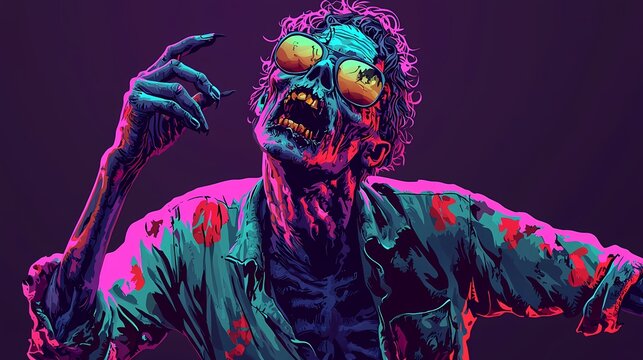 A striking zombie with vibrant sunglasses, exuding a fun and colorful horror vibe.