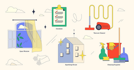 Move in cleaning for new property hygiene tiny neubrutalism collection set. Labeled elements with vacuum cleaner, cleaning supplies, checklist, ventilation and sparkling home vector illustration.