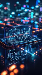 Hightech phone with cyber security features on a reflective surface at night