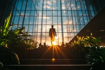 A man in formal attire walking up a stair in his office, depicting career growth and job promotion.