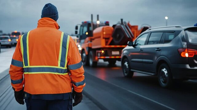Tow Truck Operatorr Directing Traffic During Overcast Winter Day Generative AI