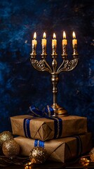 A menorah with five candles on top of a stack of presents