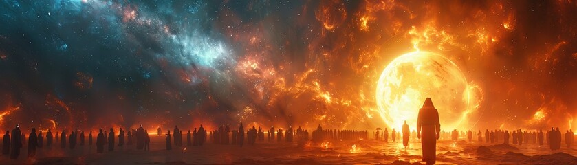 In a digital exodus, Cyborg Moses ushers a vast crowd through a shimmering sea of code