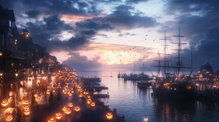 Naklejka premium Halloween festival in a small coastal city eerie fog rolling in from the sea