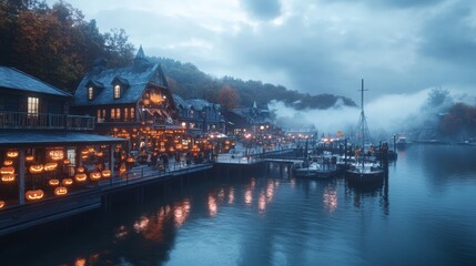 Halloween festival in a small coastal city eerie fog rolling in from the sea