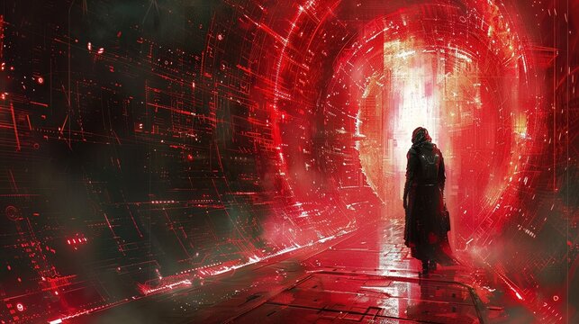 In a techno Egypt, Cyborg Moses confronts a pharaoh AI, holographic plagues swirling around
