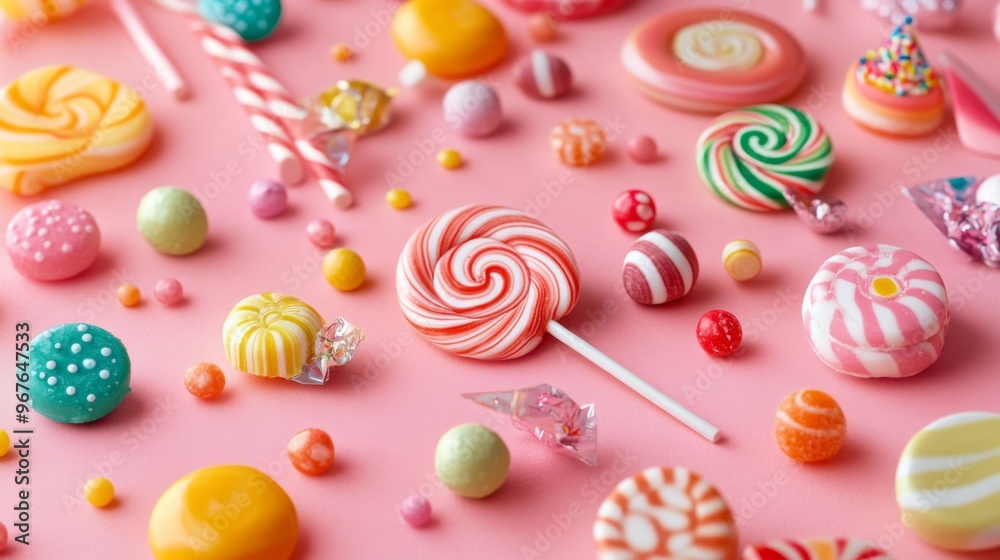 Poster a whimsical scene with lollipops scattered on a table, with some candy wrappers and playful decorati