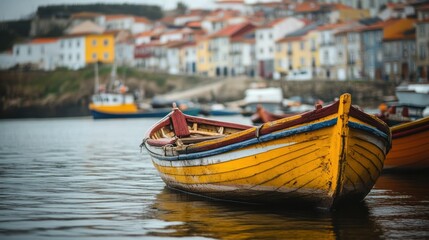 Obraz premium A vibrant yellow boat floats in calm waters, with colorful buildings in the background.