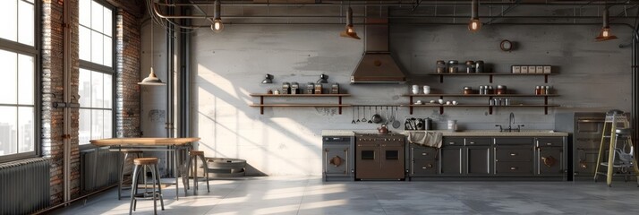 Modern kitchen with wooden cabinets, brick wall, and industrial bar stools.