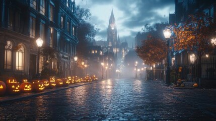 Naklejka premium Halloween festival in an old European city cobblestone streets lit by jack-o-lanterns