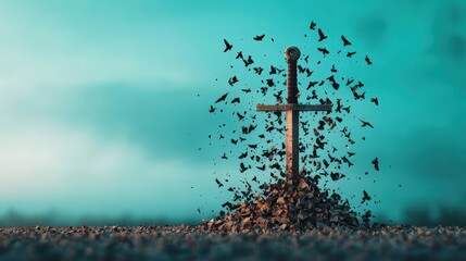 Obraz premium A shattered sword turning into a flock of birds flying toward the horizon