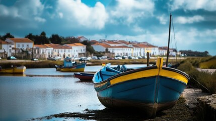 A serene view of colorful boats by a tranquil waterway with a charming village backdrop.