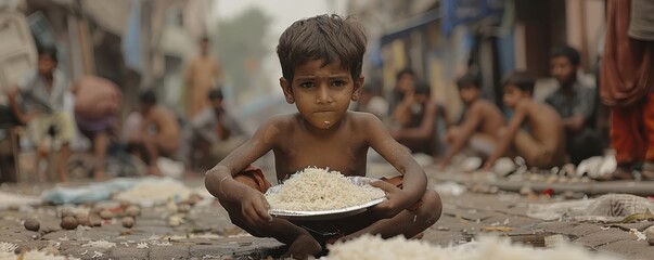 Indian child sitting on the ground, holding a bowl of rice in a crowded area.