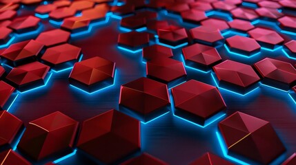 Fototapeta premium Abstract geometric pattern with red hexagons and blue neon lights