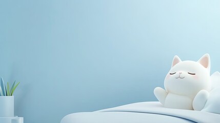 A plump white cat lies contentedly with closed eyes, basking in gentle lighting that highlights its fluffy fur against a clean, bright background, radiating tranquility