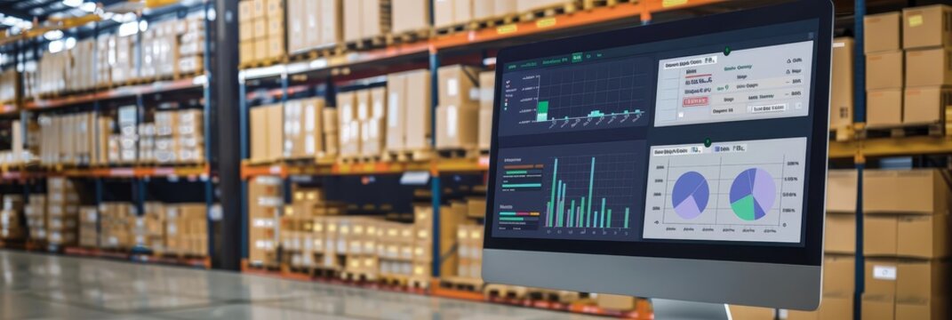 Inventory management system showing real-time stock levels, reorder points, and analytics on a computer screen with copy space
