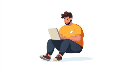 Young man working on a laptop while sitting cross-legged on a flat surface indoors