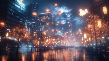 Naklejka premium Halloween light festival towering buildings illuminated with ghostly figures