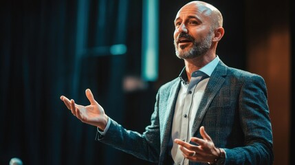 A professional speaker giving a presentation with clear gestures and expressive body language