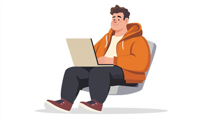 A young man in a hoodie is working on a laptop while sitting in a comfortable chair at home