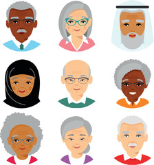 Different avatar african american, european, asian old peoples in colorful flat style.