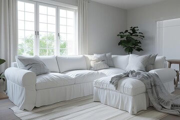 White sectional sofa with ottoman in a modern living room
