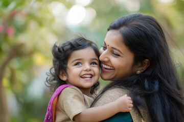 Fototapeta premium A mother and her daughter are smiling and hugging each other. The mother is wearing a pink dress and the daughter is wearing a pink dress. Scene is happy and loving