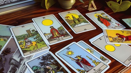 Obraz premium Tarot cards spread out on a wooden table.