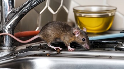 Close-up of young rat prowling on a kitchen sink in front of two faceted glasses, highlighting the ongoing issue of rodent infestations in homes and the need for extermination efforts