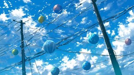 Colorful floating spheres beneath a bright blue sky with fluffy clouds.
