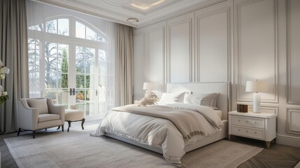 Elegant bedroom with white bed, large windows, and plush armchair.