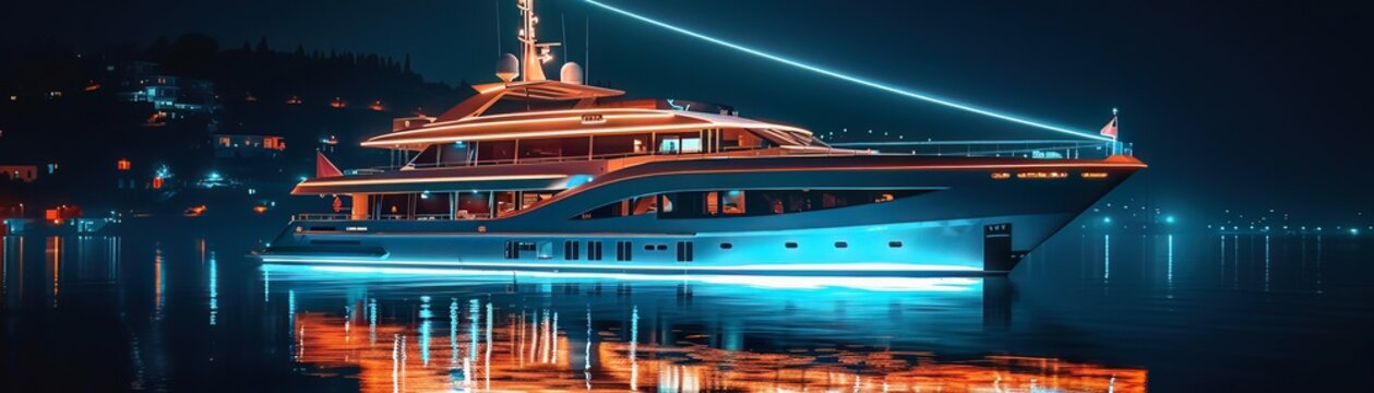 Luxury yacht with elegant neon lighting, reflecting on the watera  s surface for a mesmerizing effect