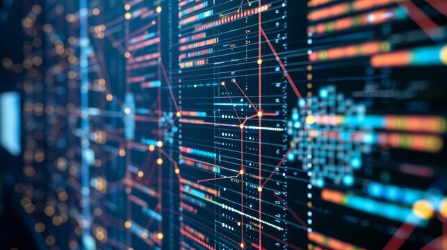 Machine learning algorithm visualized on a computer screen with complex data patterns with copy space