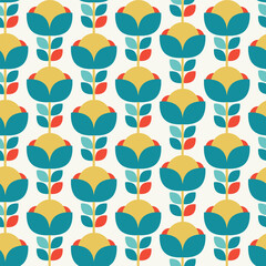 1970s Mod Floral Pattern. Retro 70s 60s Design Yellow, Bluea nd Bright Red Geometric Abstract Flowers. Groovy Mid Century Modern Seamless Patten Repeat.
