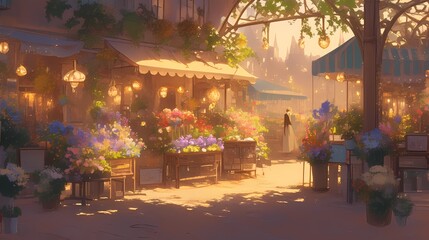 Naklejka premium A serene sunset in a vibrant flower market, creating a magical atmosphere.