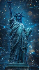 Metallic Liberty statue, with optic fiber crown and tablet, amidst a network of futuristic city lights