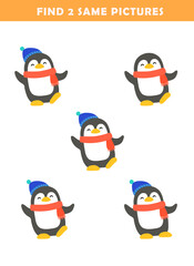 Find 2 same pictures worksheet for kids. Worksheet for kids kindergarten, preschool and school age. Education game for children with cute penguin illustration.