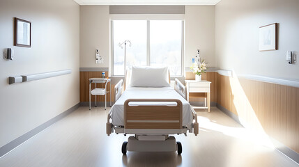 A serene hospital room featuring a patient bed, natural light, and comforting decor for a healing atmosphere.