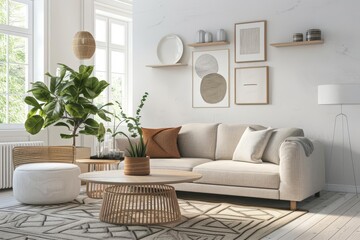 Modern living room interior with white sofa, coffee table, rug and plants.
