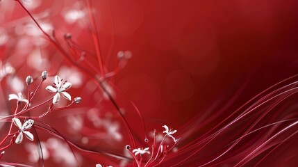Delicate white flowers bloom against a vibrant red background.