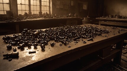 generative ai, Vintage workshop with mechanical parts and tools in sepia tone