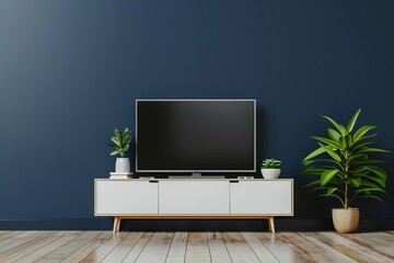 Modern living room interior with a TV on a cabinet against a dark blue wall background